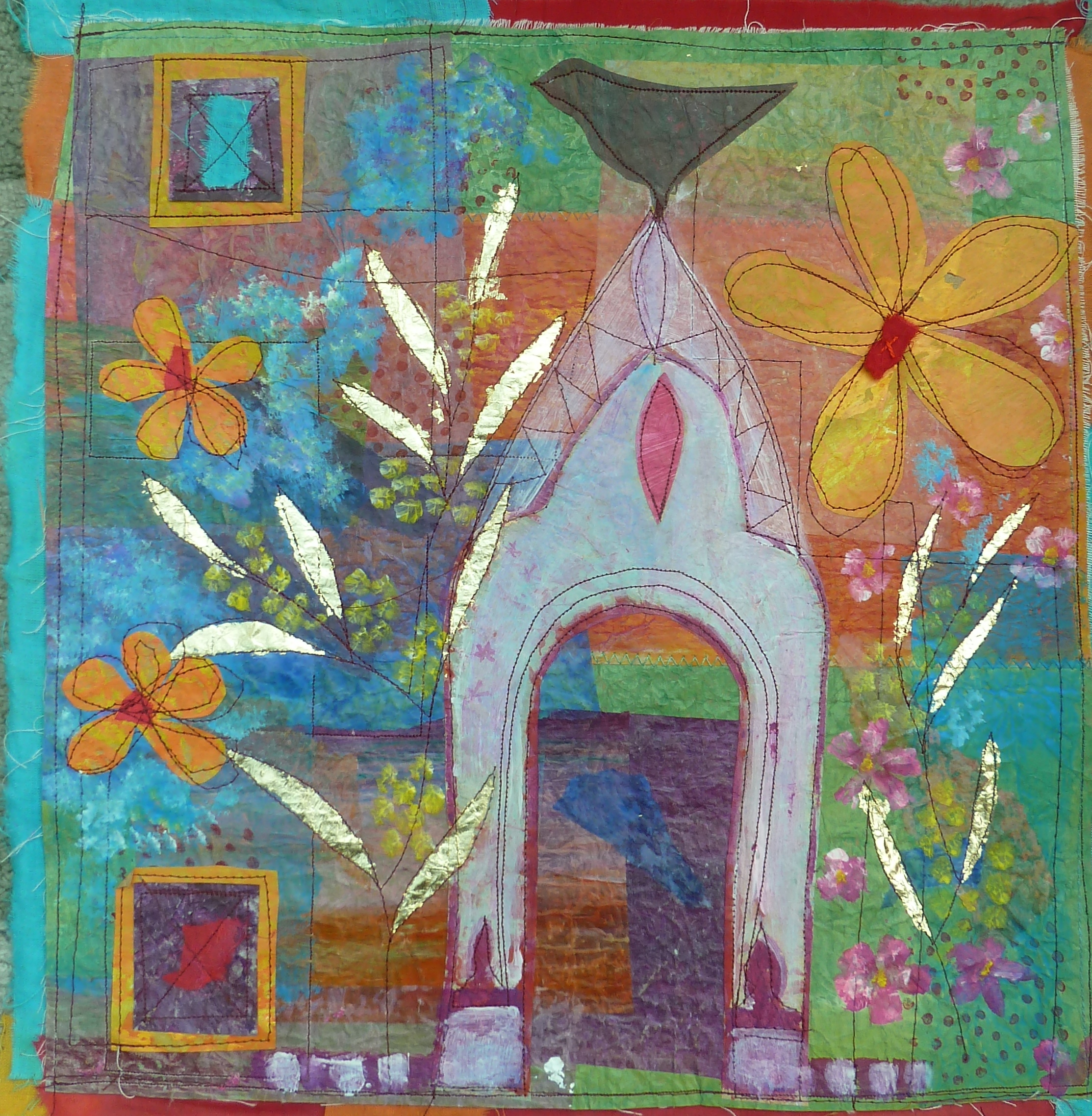 Colourful stitched collage with a pale arch, a silhouetted figure and bright flowers